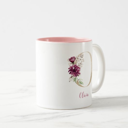 Gold Letter O , Monogram O, rosa Blumengeschenk ih Zweifarbige Tasse (VorderseiteRechts)