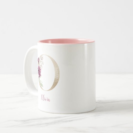 Gold Letter O , Monogram O, rosa Blumengeschenk ih Zweifarbige Tasse (Vorderseite Links)