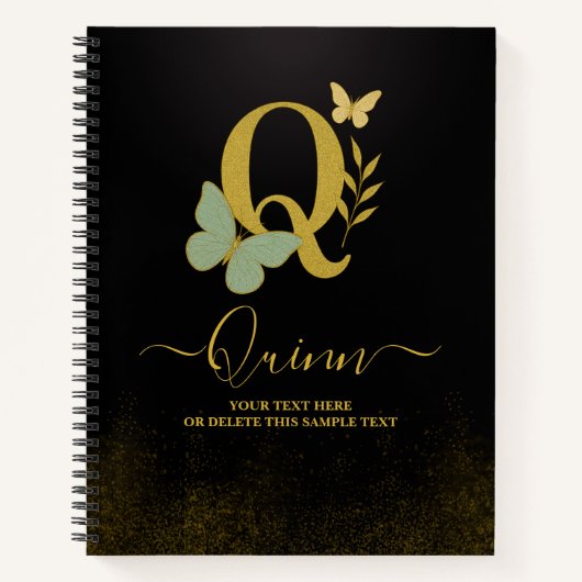 Gold Letter Q Butterfly Notebook-Abdeckung Notizblock (Vorderseite)