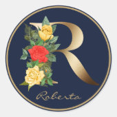 Gold Letter R Elegant Floral Monogram Runder Aufkleber (Vorderseite)