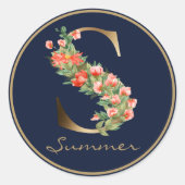 Gold Letter S Floral Monogram Orange Blume Runder Aufkleber (Vorderseite)