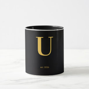 Gold Letter U Black Mug   Minimalistischer Monogra Tasse