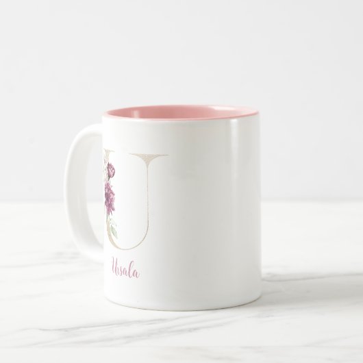 Gold Letter U, Monogram U, Rosa Blumengeschenk ihr Zweifarbige Tasse (Vorderseite Links)