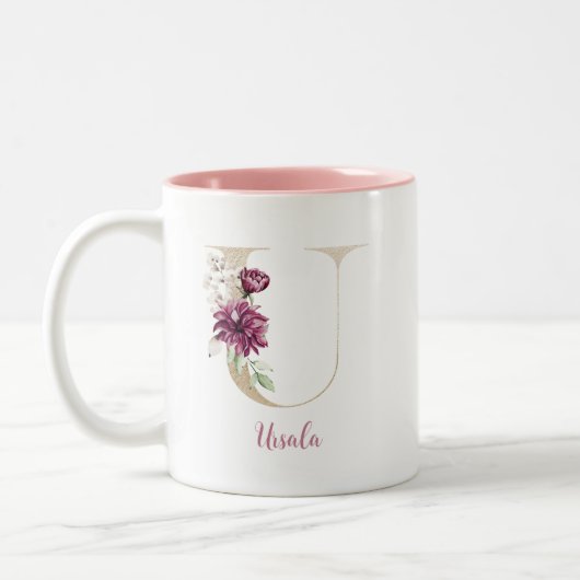 Gold Letter U, Monogram U, Rosa Blumengeschenk ihr Zweifarbige Tasse (Links)