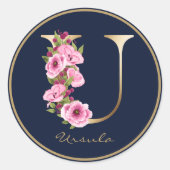 Gold Letter U Pink Magenta Floral Monogram Runder Aufkleber (Vorderseite)
