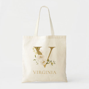 Gold Letter V Monogram Floral Watercolor Totbeutel Tragetasche