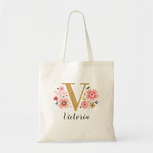Gold Letter V Pink Floral Monogram Tragetasche (Vorne)