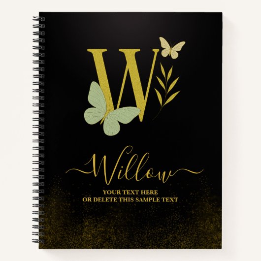 Gold Letter W Butterfly Notebook-Abdeckung Notizblock (Vorderseite)