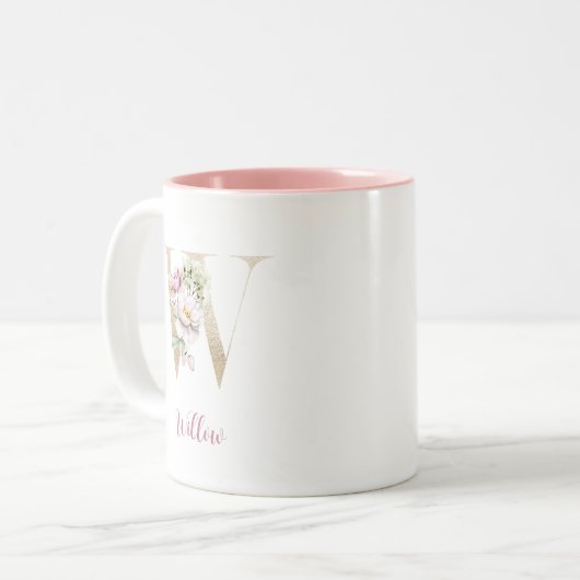 Gold Letter W , Monogram W, rosa Blumengeschenk ih Zweifarbige Tasse (Vorderseite Links)