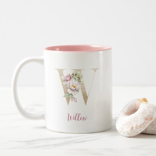 Gold Letter W , Monogram W, rosa Blumengeschenk ih Zweifarbige Tasse (Mit Donut)