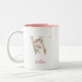 Gold Letter W , Monogram W, rosa Blumengeschenk ih Zweifarbige Tasse (Links)
