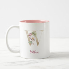 Gold Letter W , Monogram W, rosa Blumengeschenk ih Zweifarbige Tasse
