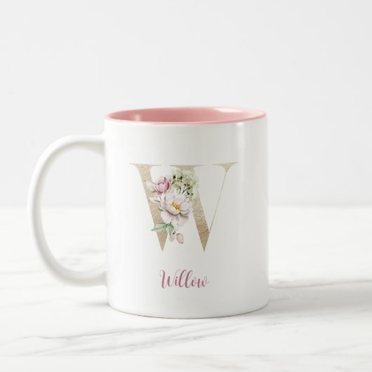 Gold Letter W , Monogram W, rosa Blumengeschenk ih Zweifarbige Tasse (Links)