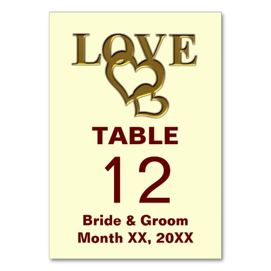Gold Liebe and Hearts Wedding Table Card Tischnummer (Rückseite)
