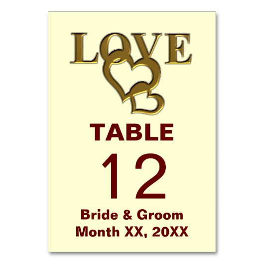 Gold Liebe and Hearts Wedding Table Card Tischnummer (Vorderseite)