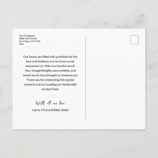 Gold Liebe und Dank Baby Foto Geburtserklärung Postkarte (Rückseite)