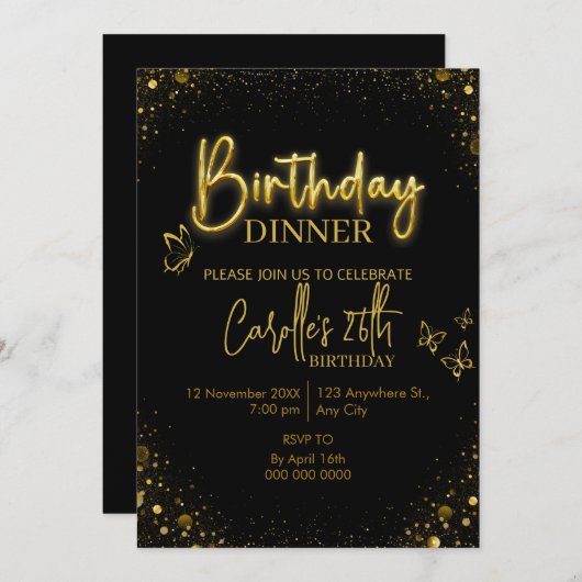 Gold Light Birthday Dinner Einladung (Vorne/Hinten)