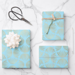 Gold & Light Blue Art Deco Muster Geschenkpapier Set