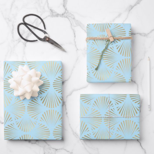 Gold & Light Blue Art Deco Muster Geschenkpapier Set (Vorderseite)