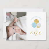 Gold & Light Blue Balloons Junge 1. Geburtstag Par Einladung (Vorderseite)