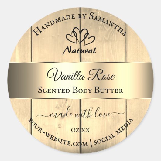 Gold Light Brown Wood Grain Product Labels Herz Runder Aufkleber (Vorderseite)