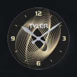 Gold Light Spirale auf Schwarz, DIY Name in Weiß Runde Wanduhr<br><div class="desc">Gold Light Spiral auf schwarzem Hintergrund mit Name in weißem Text und alle Stunden Markierungen in Gold.</div>