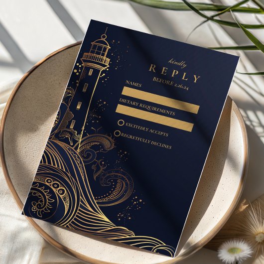 Gold Lighthouse Night Wedding RSVP Karte