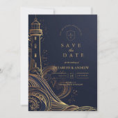 Gold Lighthouse Night Wedding Save The Date (Vorderseite)