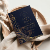 Gold Lighthouse Night Wedding Save The Date