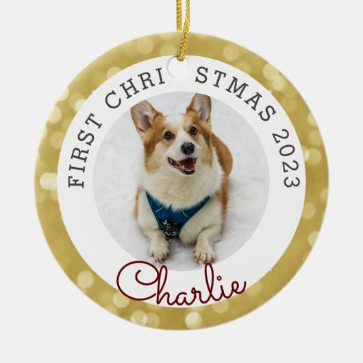 Gold Lights Pet's First Christmas Foto Keramik Ornament (Vorne)