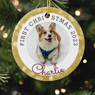 Gold Lights Pet's First Christmas Foto Keramik Ornament