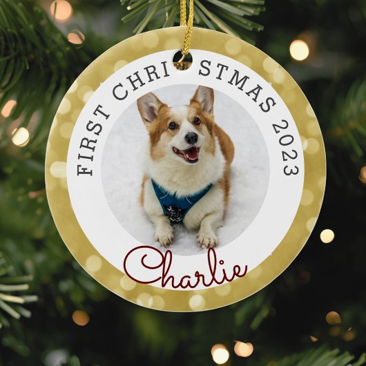 Gold Lights Pet's First Christmas Foto Keramik Ornament