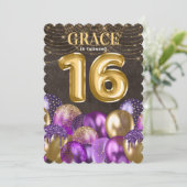 Gold Lila 16 . Geburtstag Geburtstag Einladung (Stehend Vorderseite)