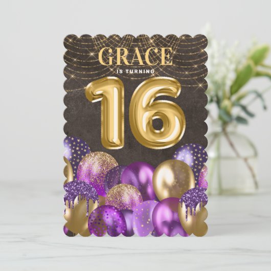 Gold Lila 16 . Geburtstag Geburtstag Einladung (Stehend Vorderseite)