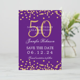 Gold Lila 50. Geburtstag Save the Date Details Einladung