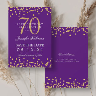 Gold Lila 70. Geburtstag Rett Datum Confetti Einladung
