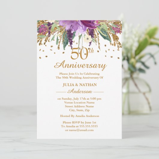 Gold Lila Amethyst Floral 50 Jahre Jubiläum Einladung (Stehend Vorderseite)