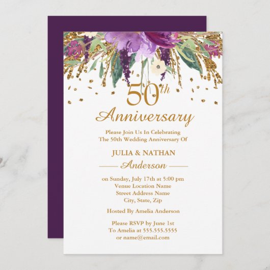 Gold Lila Amethyst Floral 50 Jahre Jubiläum Einladung (Vorne/Hinten)