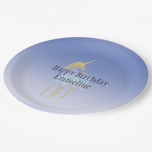 Gold Lila Aqua Glitzer Unicorn Pappteller (Schrägansicht)