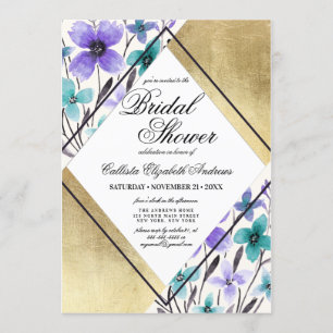 Gold Lila Aquamarine Blumen Watercolor Brautparty Einladung