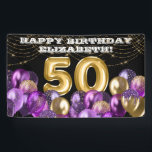 Gold Lila Balloons 50th Happy Birthday Banner<br><div class="desc">50. Geburtstagsbanner mit Gold und Lila Glitzer Balloons und leicht personalisierbar!</div>