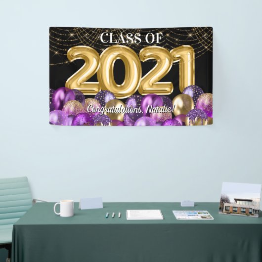 Gold Lila Balloons Abschluss Class 2021 Banner (Messeveranstaltung)