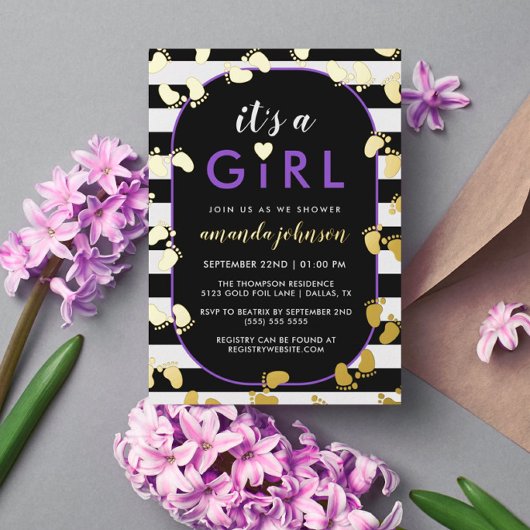 Gold Lila Black It's A Girl Baby Footprints Folieneinladung