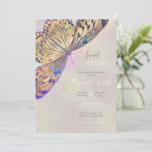 Gold Lila Blue Butterfly Pattern Einladung (Stehend Vorderseite)