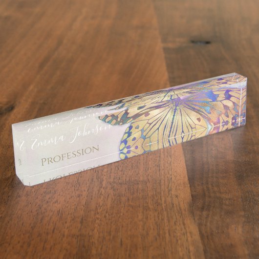 Gold Lila Blue Butterfly Pattern Namensplakette (Seite)