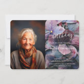 Gold Lila Blue Hydrangeas 100. Geburtstag Foto Einladung (Vorderseite)