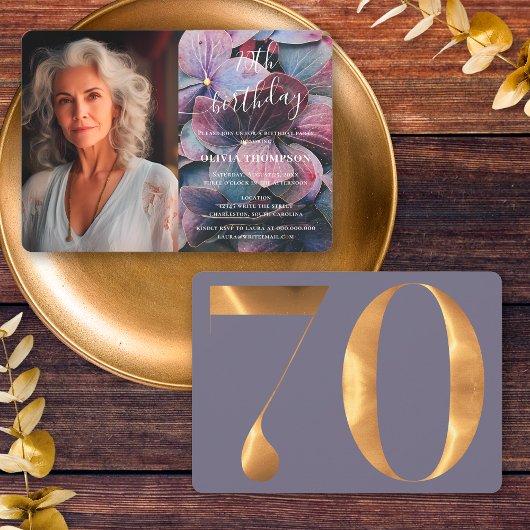 Gold Lila Blue Hydrangeas 70. Geburtstag Foto Einladung