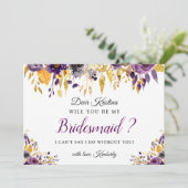 Gold Lila Blume wird meine Bridesmaid sein Einladung (Stehend Vorderseite)