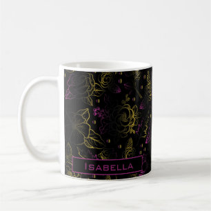 Gold lila Blumenmuster personalisierter Name Kaffeetasse