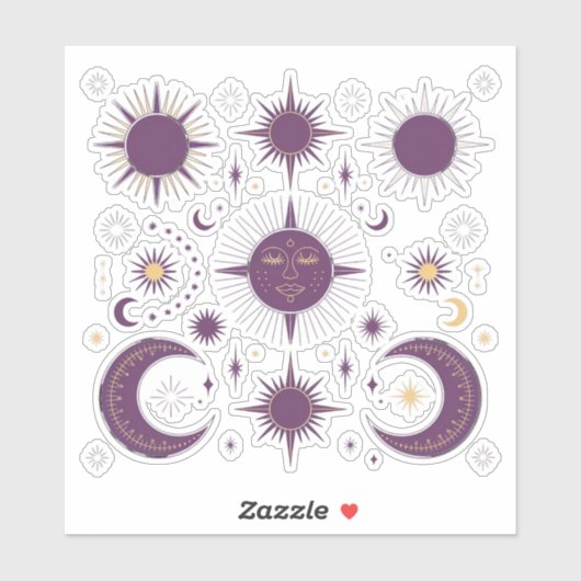 Gold & Lila Boho Celestial Sun & Moon Scrapbook Aufkleber (Blatt)